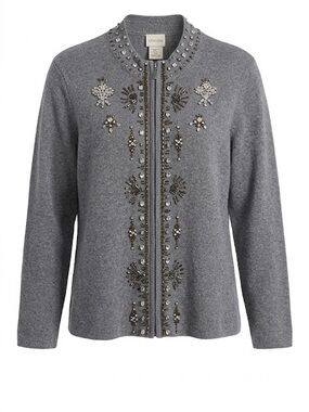 Chicos NWT beaded Embroidered Zip Up Knit Cardigan Sweater Grey Size Large
